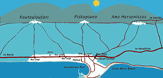Kaart die de ligging van Ano Hersonissos laat zien