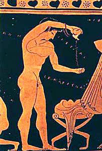 Een jongeman die zijn lijf reinigt met olijfolie in het oude Griekenland
