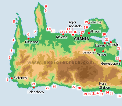 map with beaches in chania region, west crete