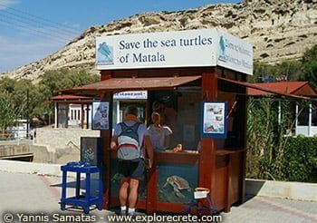 kiosk of the archelon sea turtle protection society in matala