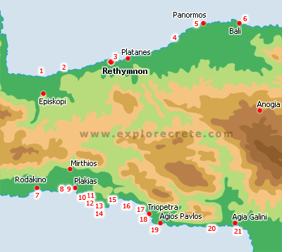 map of beaches in the region of rethymnon, crete