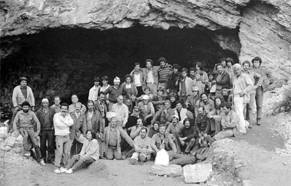 Archaeologist Yannis Sakellarakis and his team outside the Ideon Cave