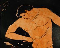 Athlete in ancient Greece cleaning the olive oil from his body with a stlengis