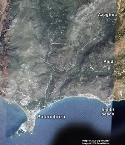 satellite image with azogires, anidri and paleochora