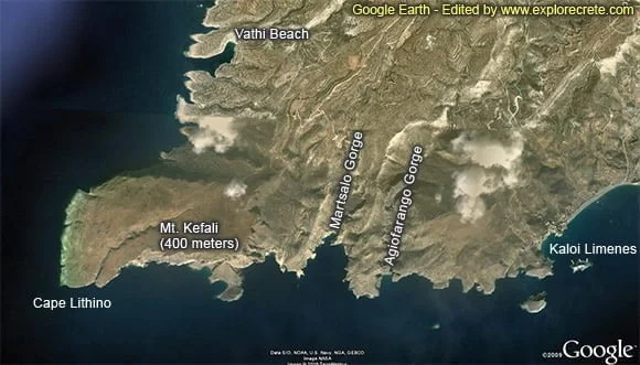δορυφορική φωτογραφία με την παραλία Βαθύ, το ακρωτήριο Λίθινο, το όρος Κεφάλι, το Μάρτσαλο, το Αγιοφάραγγο, Καλοί Λιμένες